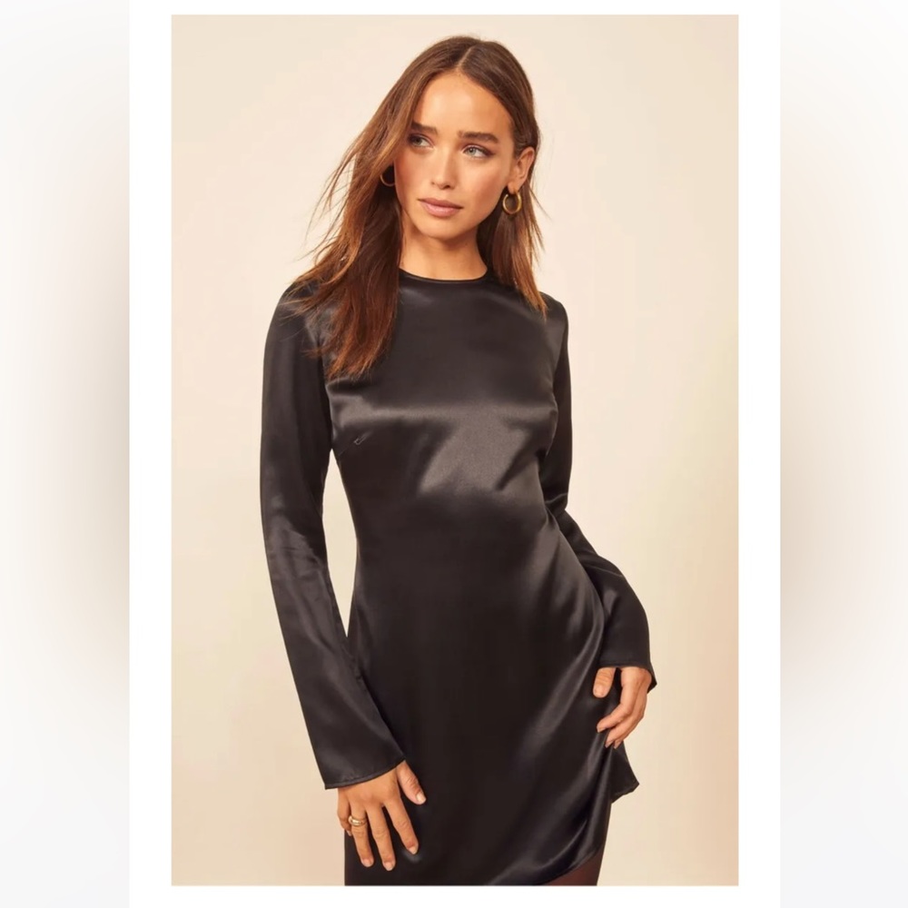 REFORMATION Black BERNADETTE Long Sleeve Silk Satin Relaxed Mini SZ 8